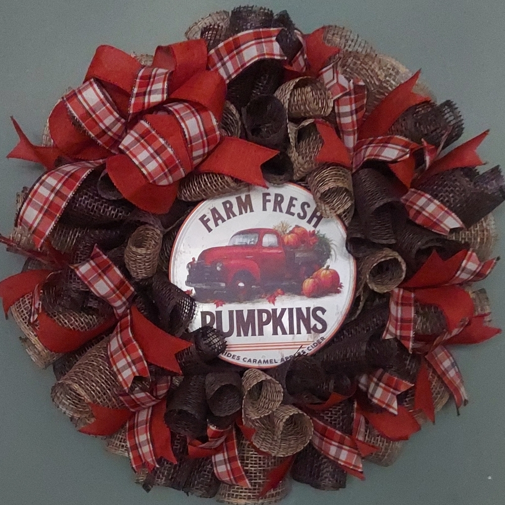 Rustic Farm Fresh Pumpkins Wreath with Red and Brown Ribbons